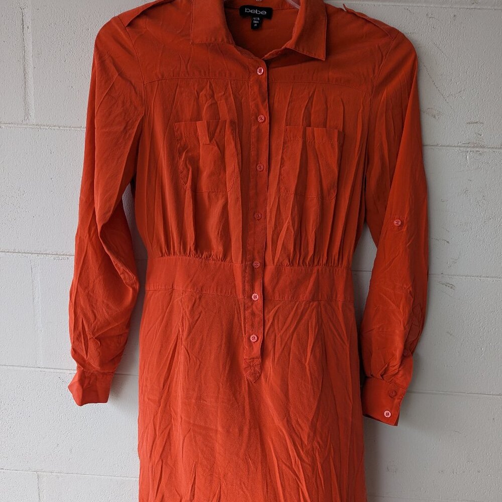 Vintage Bebe Red Clay Dress Silk Peekaboo in Back with Pockets